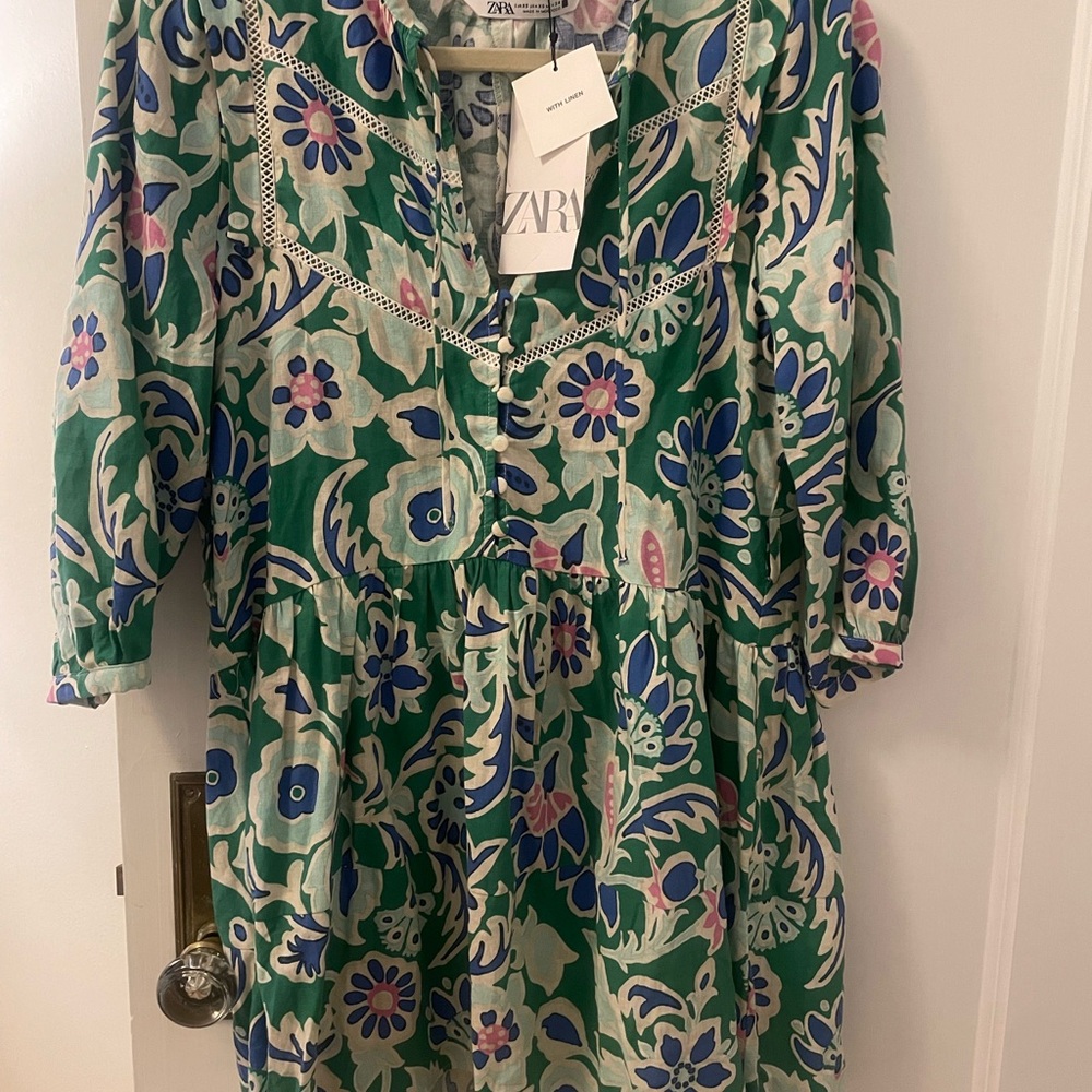 Zara Green and Blue Floral Linen Dress